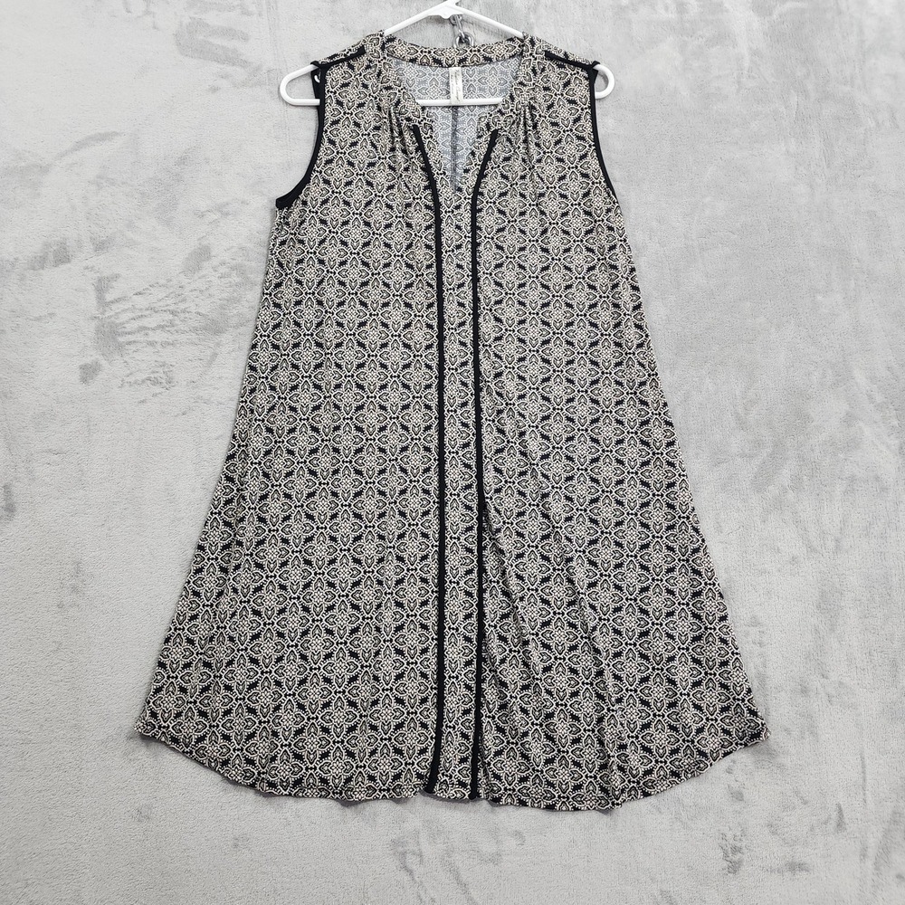 PerSeption Concept Dress Womens L Black White Geometric V-Neck Sleeveless A-Line